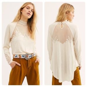 FREE PEOPLE Saheli Mesh Embroidered Top Ecru {I12}